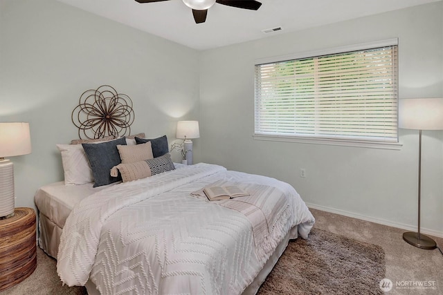 bedroom featuring visible vents, ceiling fan, baseboards, and carpet