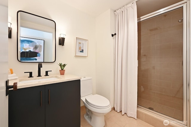 bathroom featuring tile patterned flooring, a shower stall, toilet, and vanity