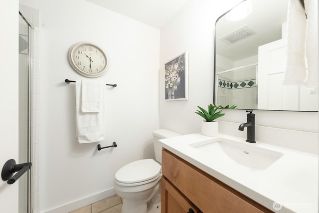 full bath with vanity, visible vents, tile patterned flooring, a shower, and toilet