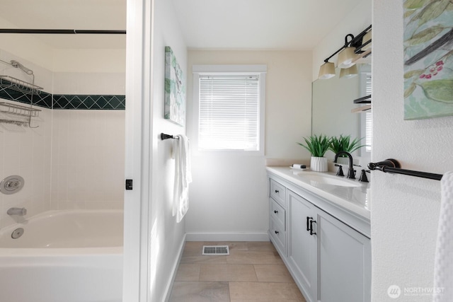 full bath with tile patterned flooring, visible vents, baseboards, shower / bathing tub combination, and vanity