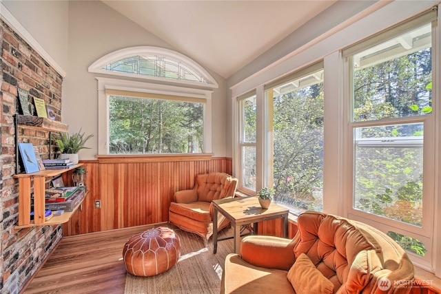 sunroom / solarium featuring a healthy amount of sunlight and vaulted ceiling