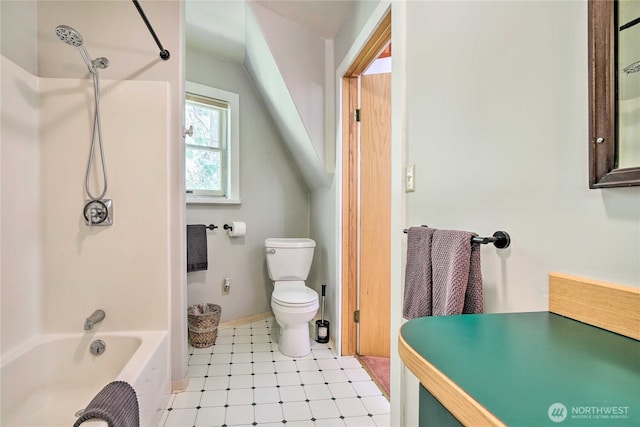 full bathroom with tile patterned floors, shower / washtub combination, toilet, and baseboards