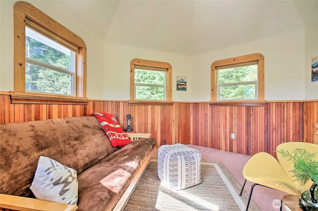 living room featuring wooden walls, wainscoting, and a healthy amount of sunlight