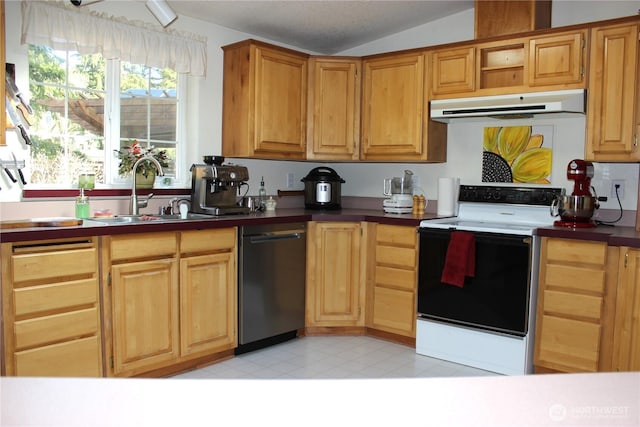 kitchen featuring lofted ceiling, electric range, a sink, under cabinet range hood, and dark countertops