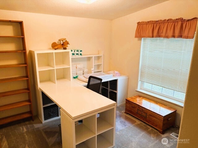 office area with visible vents and dark carpet