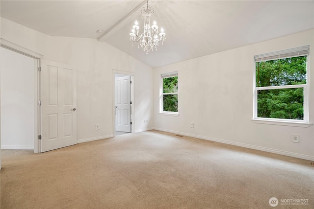 interior space featuring an inviting chandelier, vaulted ceiling with beams, visible vents, and baseboards