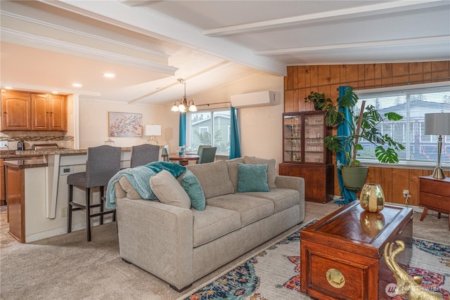 living area featuring wooden walls, a wall mounted AC, vaulted ceiling with beams, light colored carpet, and a chandelier