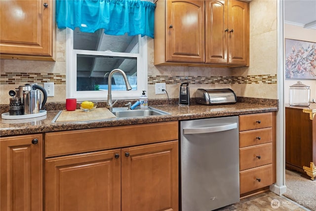 kitchen with dishwasher, dark countertops, backsplash, and a sink