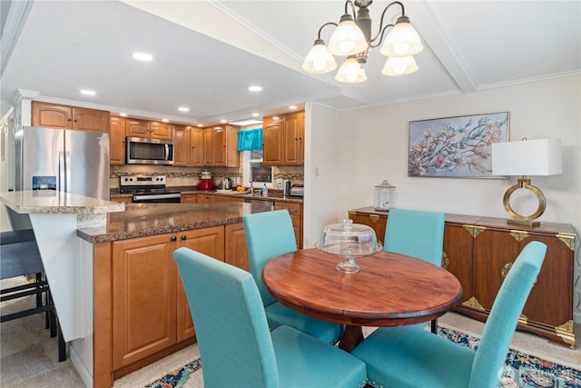 dining space with recessed lighting, light carpet, crown molding, beamed ceiling, and a notable chandelier