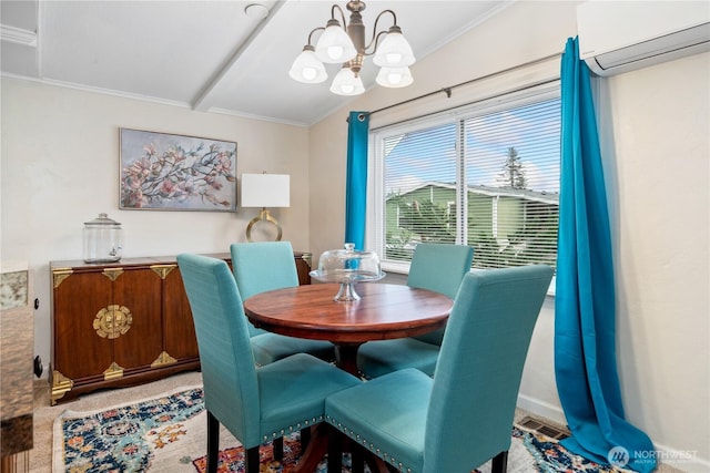 dining area featuring a wall unit AC, crown molding, visible vents, and a chandelier