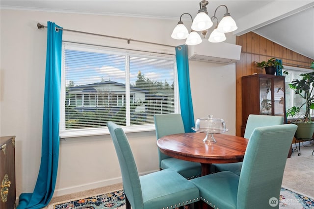 dining room with a notable chandelier, an AC wall unit, carpet floors, wooden walls, and vaulted ceiling with beams