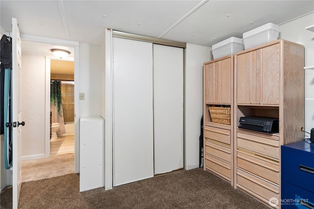 bedroom featuring a closet and dark carpet