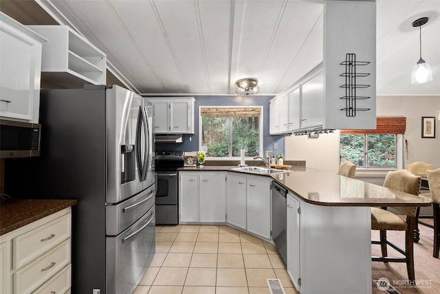 kitchen featuring a peninsula, a sink, under cabinet range hood, appliances with stainless steel finishes, and a wealth of natural light