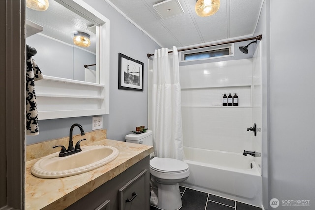 full bathroom with tile patterned flooring, toilet, vanity, a textured ceiling, and shower / bathtub combination with curtain