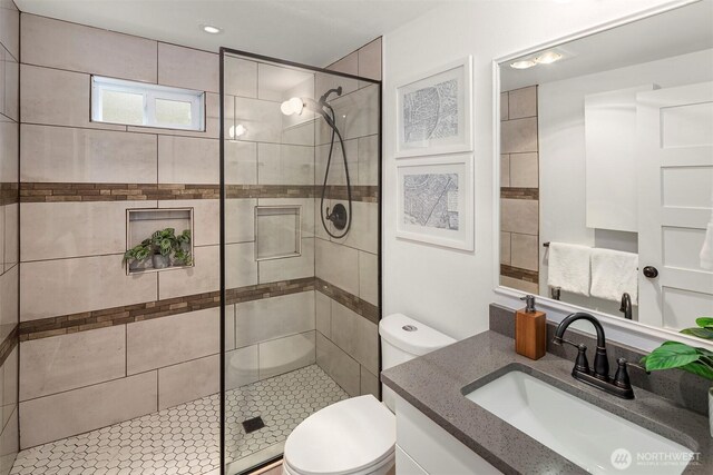 bathroom featuring a shower stall, toilet, and vanity