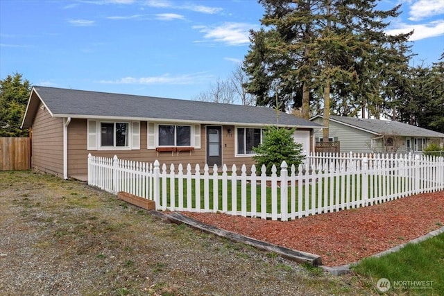 ranch-style home with a fenced front yard