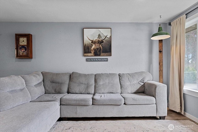 living area featuring baseboards and wood finished floors