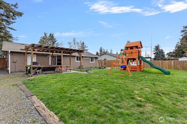 back of house with a patio, a fenced backyard, a pergola, a playground, and a lawn