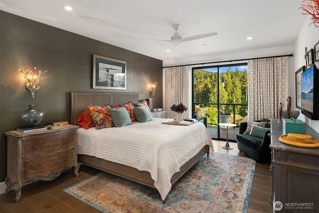 bedroom with recessed lighting, ceiling fan, and wood finished floors