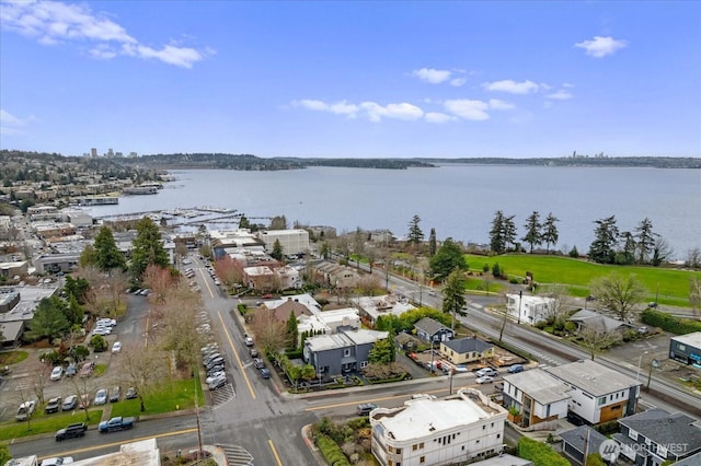 aerial view featuring a water view