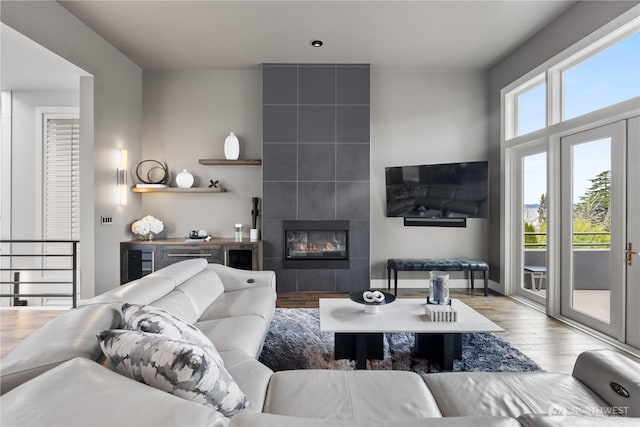 living area featuring wood finished floors and a tile fireplace