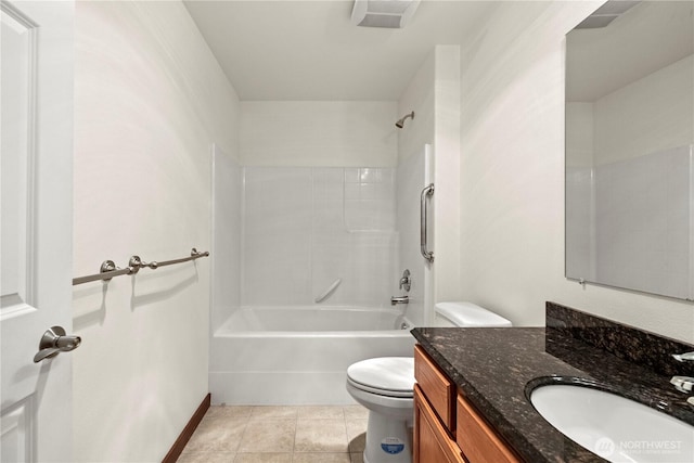 bathroom featuring toilet, tile patterned flooring, shower / bath combination, baseboards, and vanity