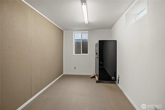 below grade area with carpet flooring, baseboards, and a textured ceiling