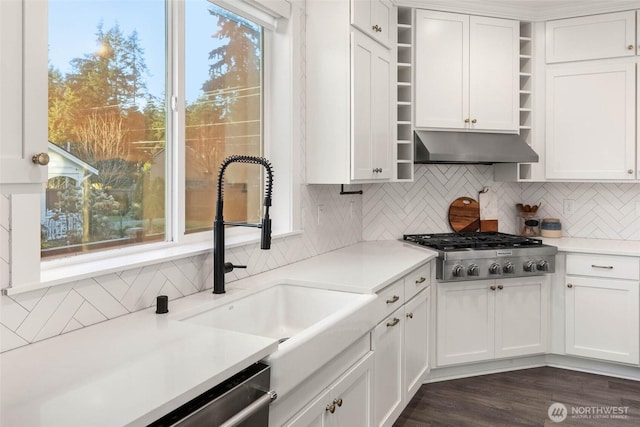 kitchen featuring open shelves, under cabinet range hood, appliances with stainless steel finishes, white cabinetry, and a sink