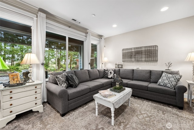 living room with recessed lighting