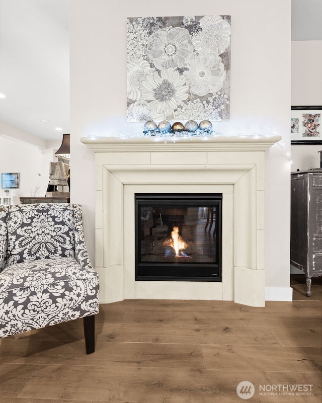 interior details featuring a glass covered fireplace and wood finished floors