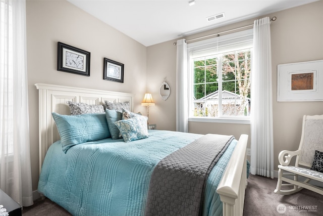 bedroom featuring carpet flooring, baseboards, and visible vents