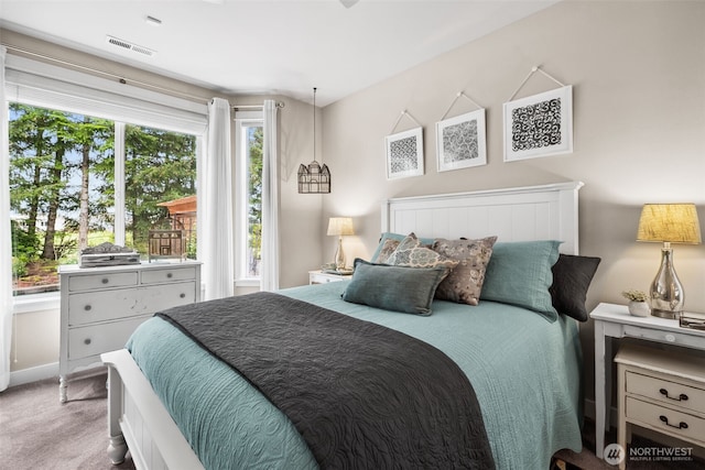 bedroom with visible vents, baseboards, and carpet