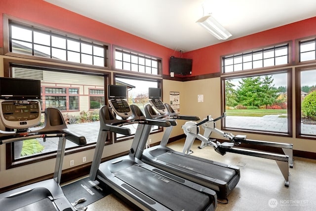 workout area featuring baseboards