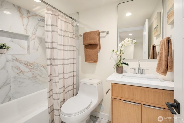 full bath with vanity, toilet, and shower / tub combo with curtain