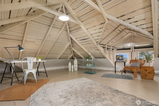 living area featuring wooden ceiling and vaulted ceiling with beams