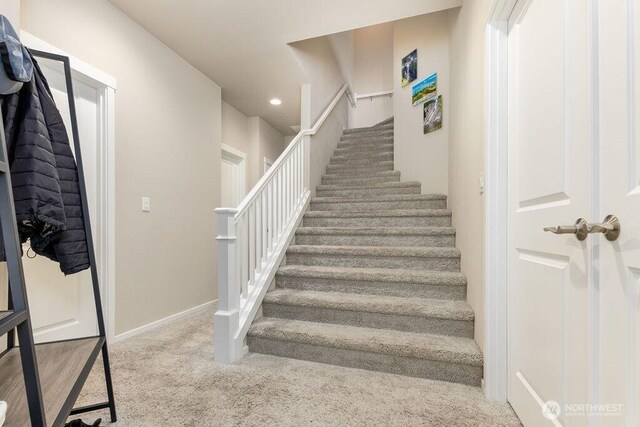 stairs with carpet flooring, recessed lighting, and baseboards