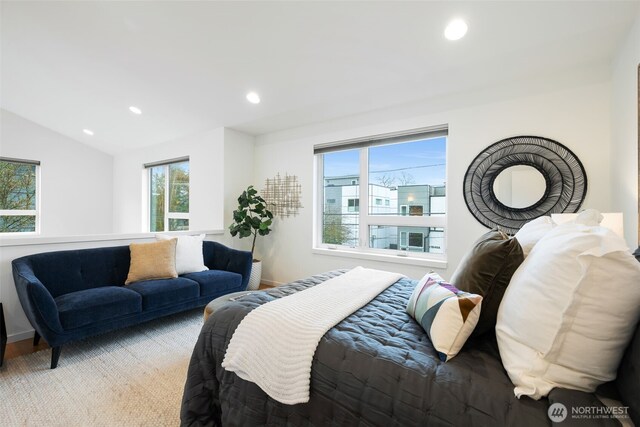 bedroom featuring lofted ceiling, recessed lighting, and baseboards