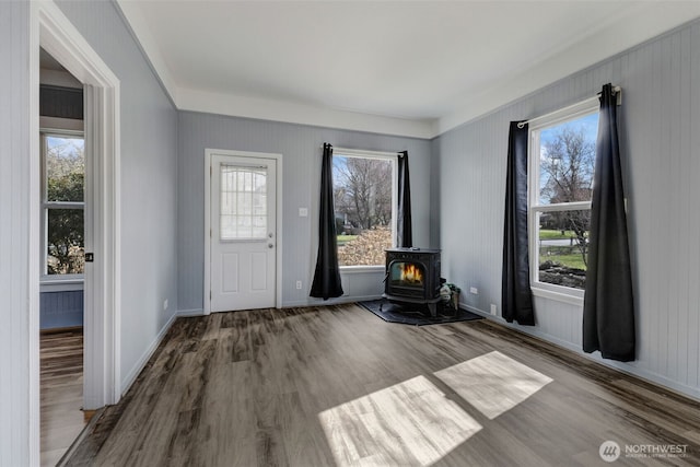 foyer entrance featuring a wealth of natural light, a wood stove, and wood finished floors