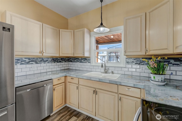 kitchen with light brown cabinets, dark wood finished floors, a sink, appliances with stainless steel finishes, and tasteful backsplash