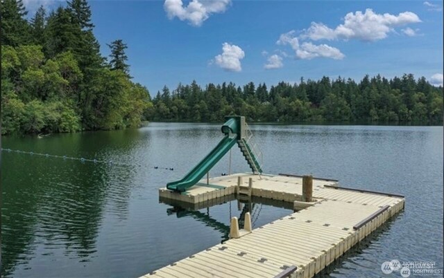 view of dock featuring a view of trees and a water view