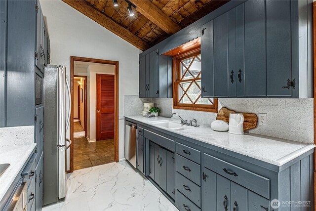 kitchen with wood ceiling, decorative backsplash, marble finish floor, stainless steel appliances, and a sink