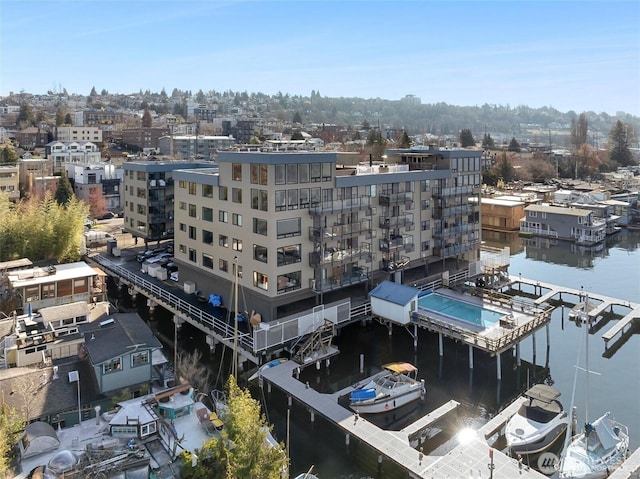 bird's eye view with a water view