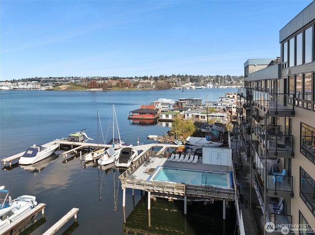 property view of water with a boat dock