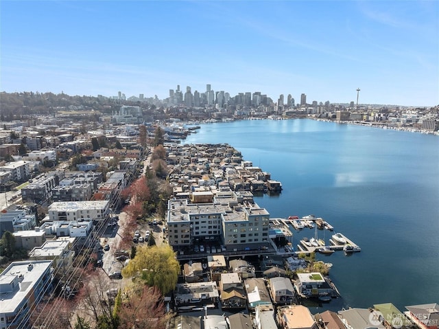 drone / aerial view with a view of city and a water view