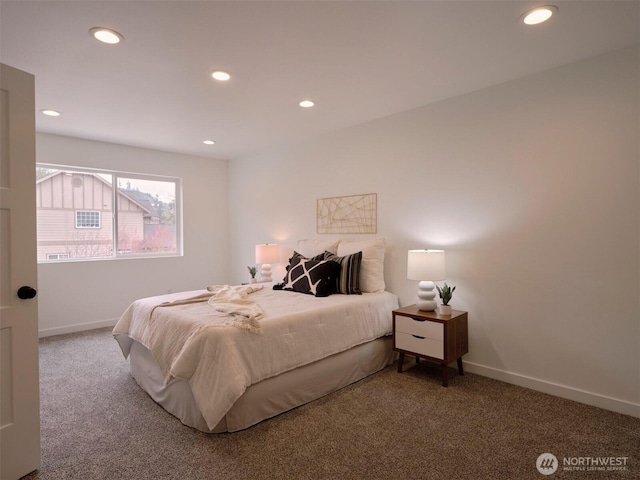 carpeted bedroom with recessed lighting and baseboards