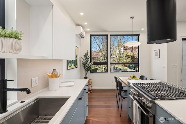 kitchen featuring light countertops, dark wood-style floors, a wall mounted air conditioner, and a sink