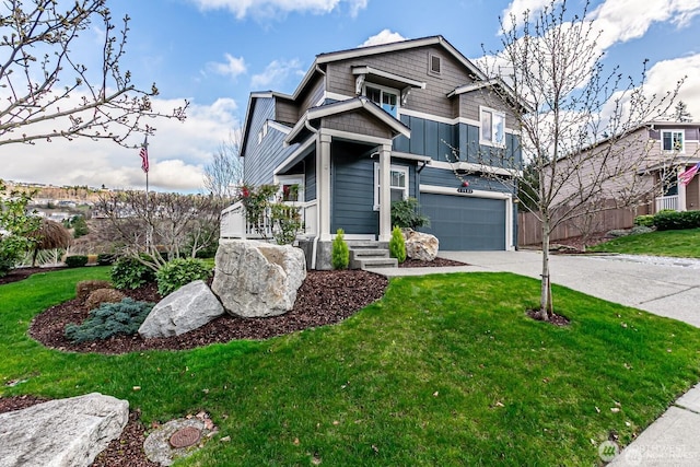 view of front of property featuring a garage, board and batten siding, concrete driveway, and a front lawn