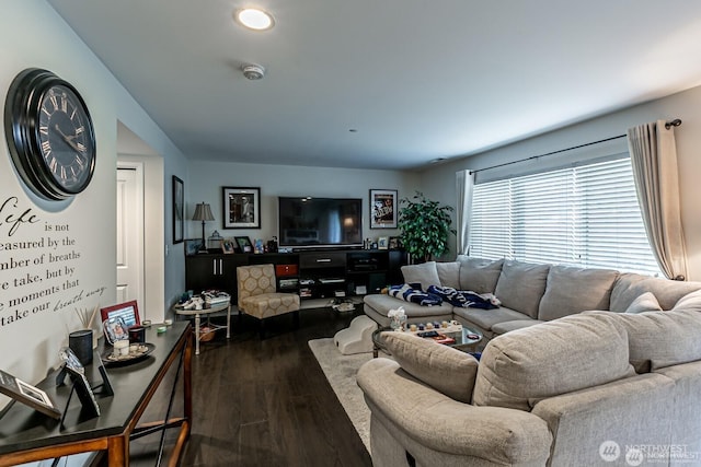 living room with dark wood-style flooring