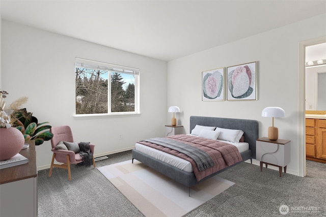 bedroom with carpet flooring, baseboards, visible vents, and connected bathroom