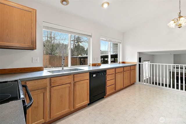 kitchen featuring brown cabinetry, light floors, an inviting chandelier, a sink, and black appliances